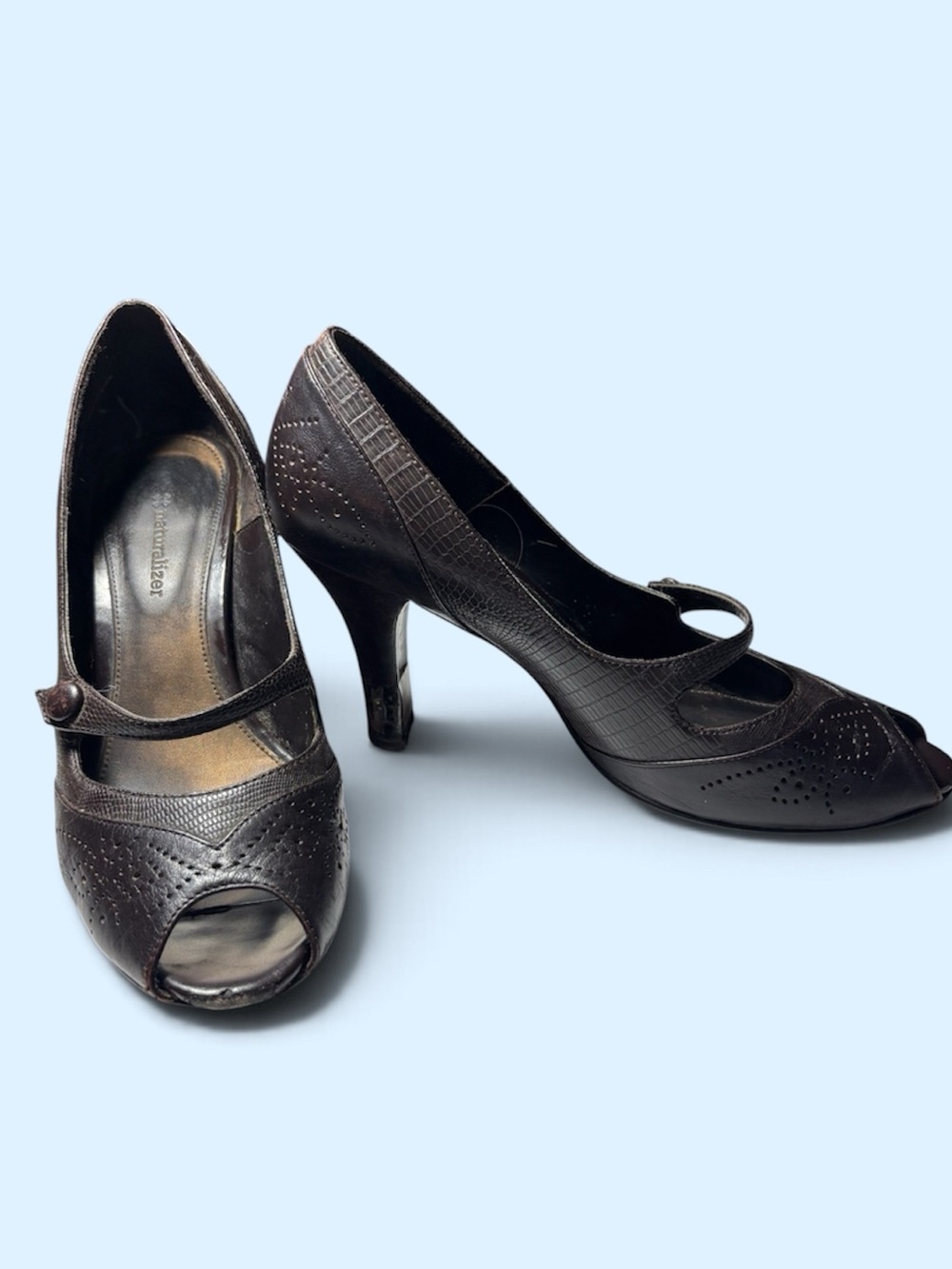Naturalizer Dark Brown Leather Peep-Toe Mary Jane Heels